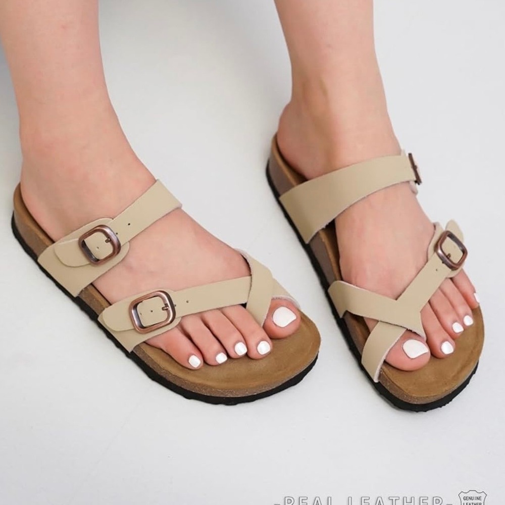 Project Cloud Womens Beige Lian Leather Memory Foam Toe Loop Sandals Size 9 - Picture 5 of 12